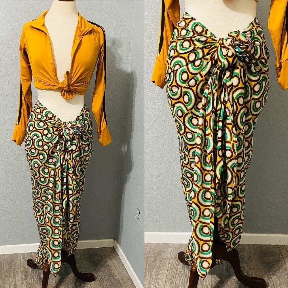Zara Boho Sarong Skirt Size M Geometric Retro Circle Print Pareo Midi Multicolor - Picture 1 of 12